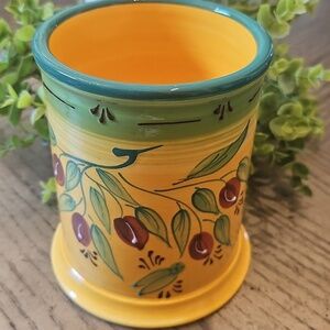 Hand-Painted Yellow Ceramic Utensil Holder with Olive Motif NWOT